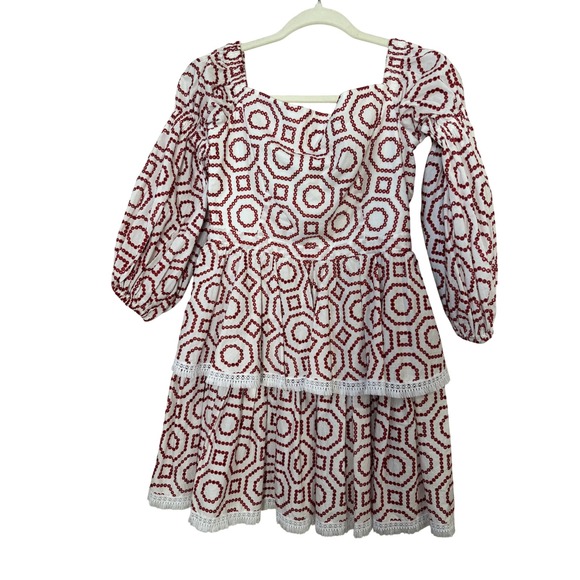 ALEXIS White Red Geometric Embroidered Tiered Square Neck Mini Dress M - Picture 5 of 7